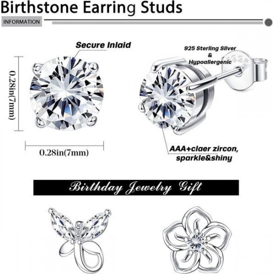 3Pairs Birthstone Earrings 12 Months For Women Hypoallergenic Butterfly Flower Stud Earrings For Birthday Gift 3Pairs Birthstone Earrings 12 Months For Women Hypoallergenic Butterfly Flower Stud Earrings For Birthday Gift